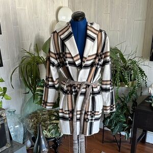 Christian Siriano Cream, Tan, Brown Plaid Hooded Wrap Coatigan